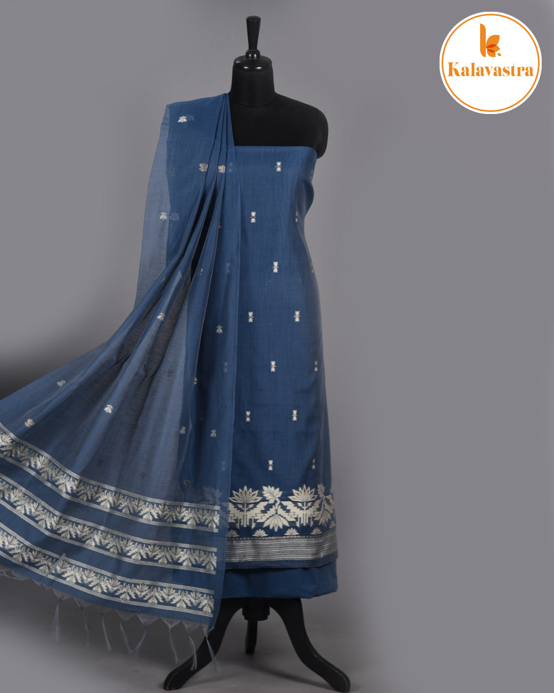Blue - Chanderi - Jamdani Woven-Unstitched Suit Fabric With Chanderi Jamdani Woven Dupatta