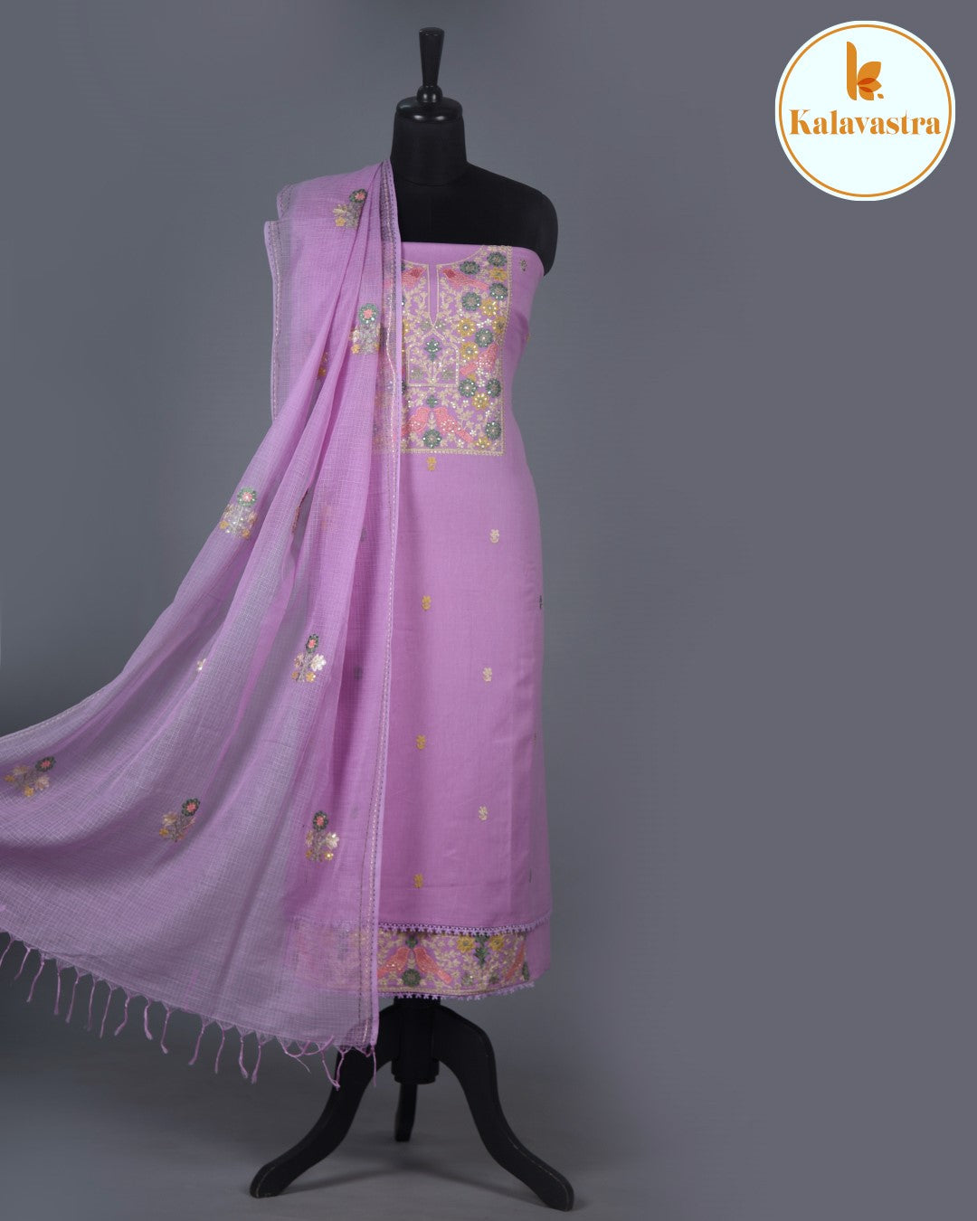 Purple - Cotton - Embroidered Unstitched Suit Fabric With Kota Embroidered Dupatta