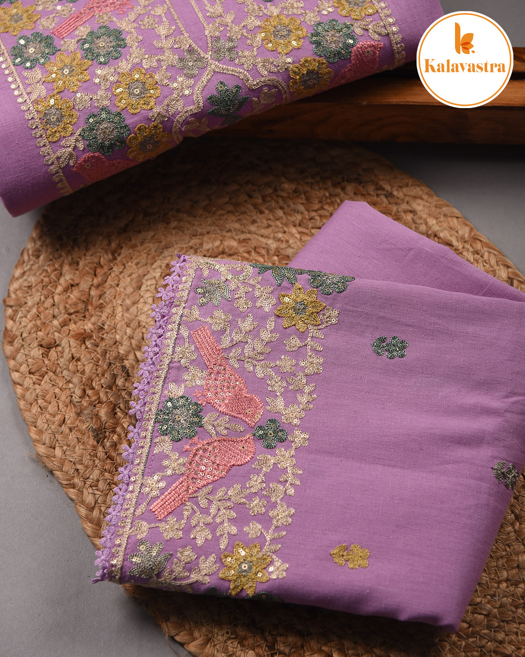 Purple - Cotton - Embroidered Unstitched Suit Fabric With Kota Embroidered Dupatta