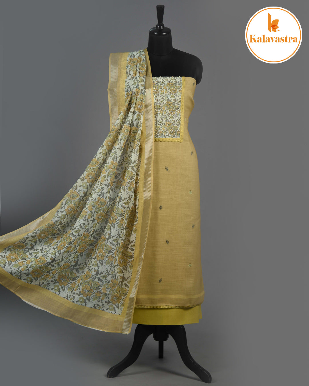 Mustard - Linen Blend - Printed With Embroidery - Unstitched Suit Fabric With Linen Dupatta