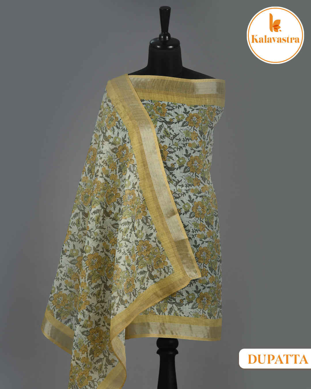 Mustard - Linen Blend - Printed With Embroidery - Unstitched Suit Fabric With Linen Dupatta