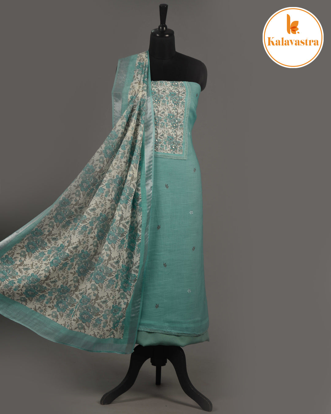 Green - Linen Blend - Printed With Embroidery - Unstitched Suit Fabric With Linen Dupatta