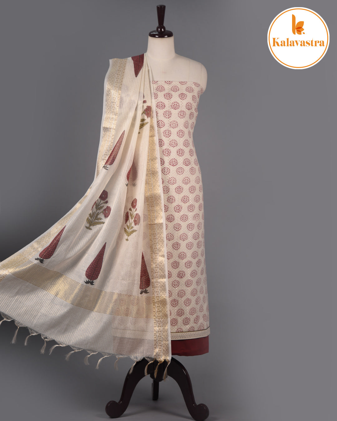 Cream- Pure Cotton Dobby- Hand Block Printed- Unstitched Suit Fabric With Chanderi Dupatta