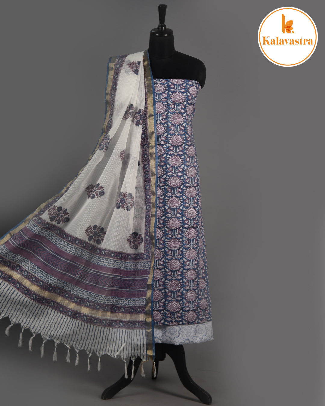 Grayish Blue - Pure Cotton- Hand Block Printed - Unstitched Suit Fabric With Kota Dupatta