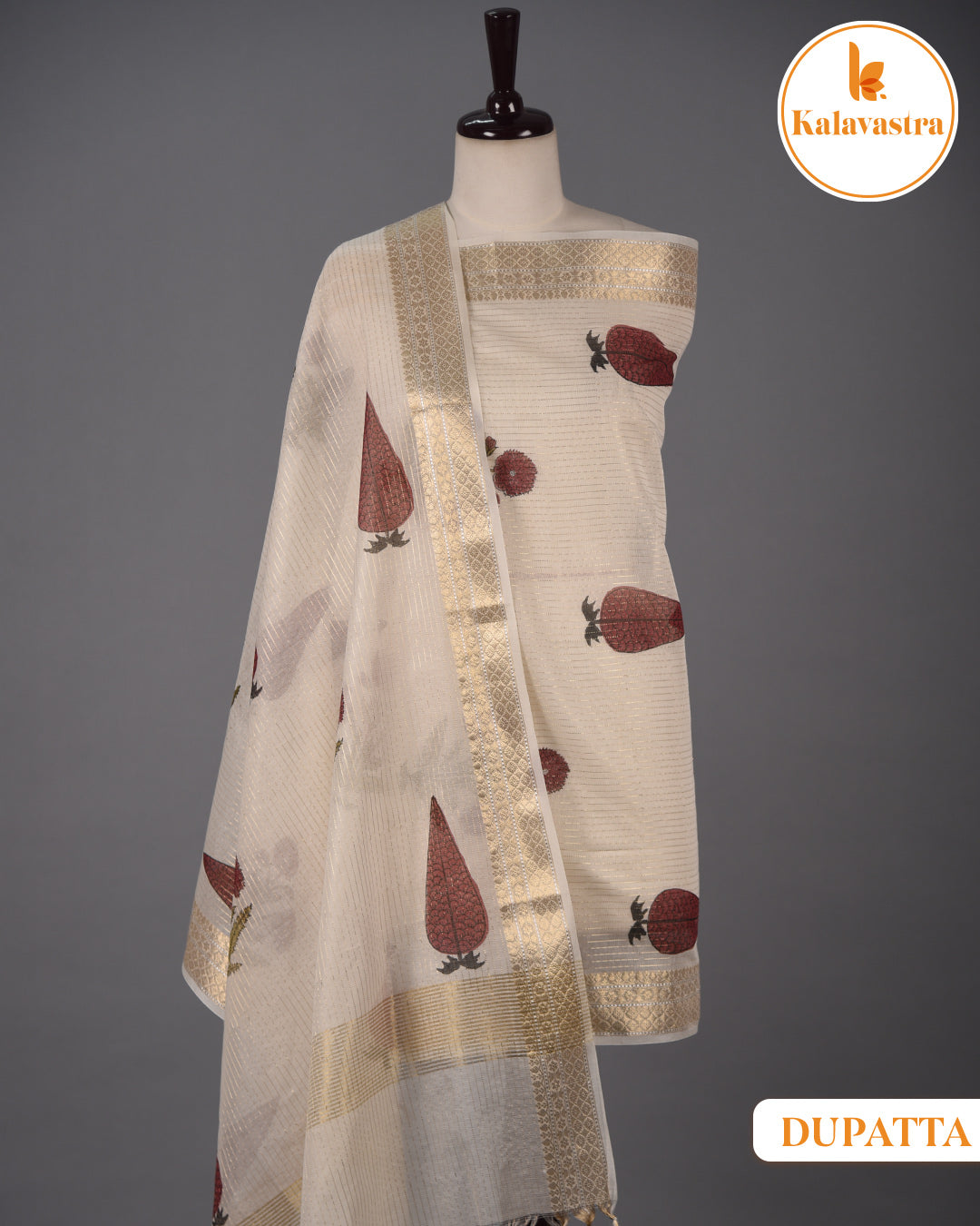 Cream- Pure Cotton Dobby- Hand Block Printed- Unstitched Suit Fabric With Chanderi Dupatta