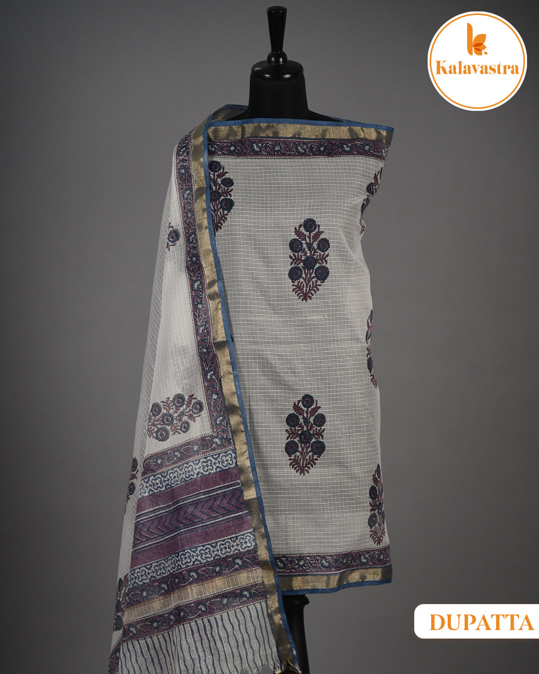 Grayish Blue - Pure Cotton- Hand Block Printed - Unstitched Suit Fabric With Kota Dupatta