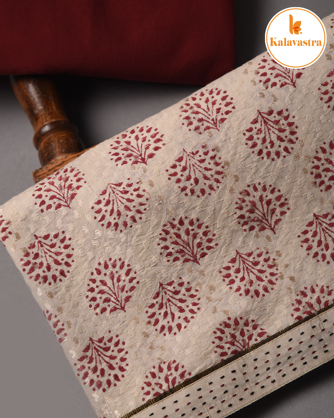 Cream- Pure Cotton Dobby- Hand Block Printed- Unstitched Suit Fabric With Chanderi Dupatta