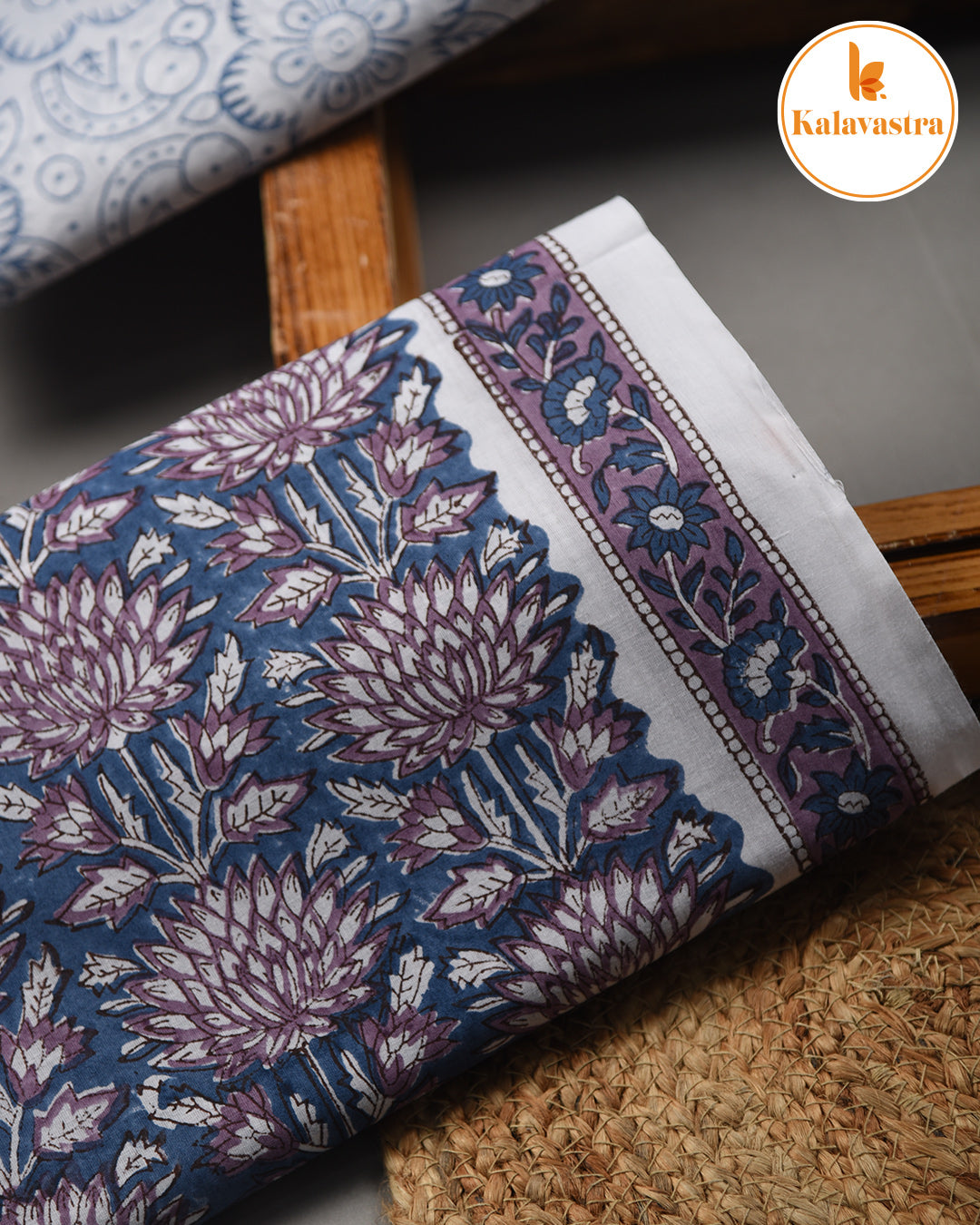 Grayish Blue - Pure Cotton- Hand Block Printed - Unstitched Suit Fabric With Kota Dupatta