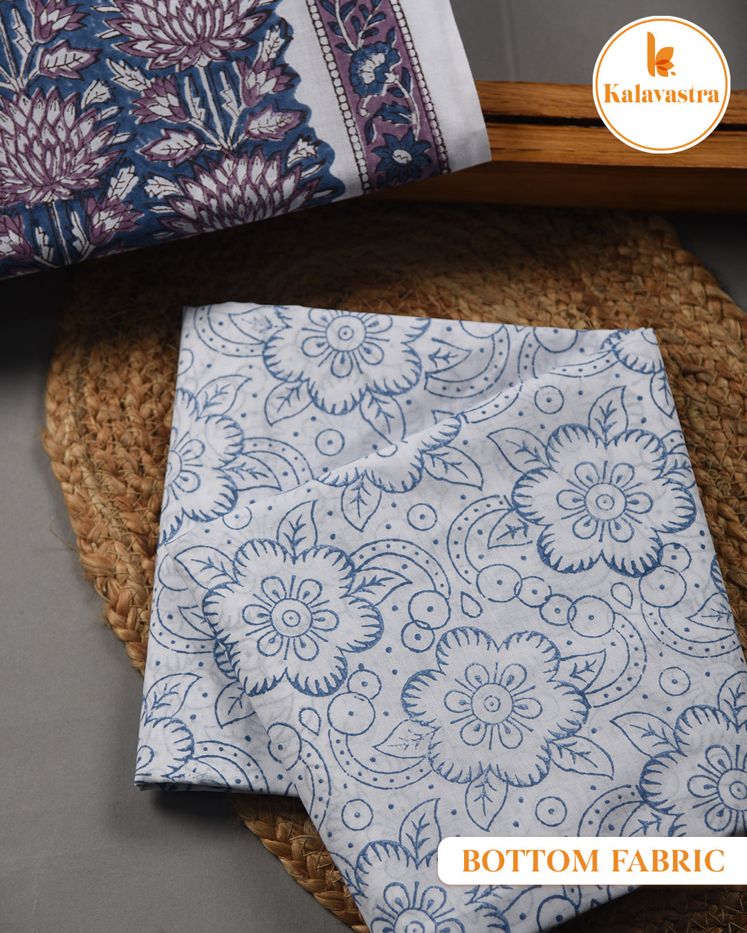 Grayish Blue - Pure Cotton- Hand Block Printed - Unstitched Suit Fabric With Kota Dupatta