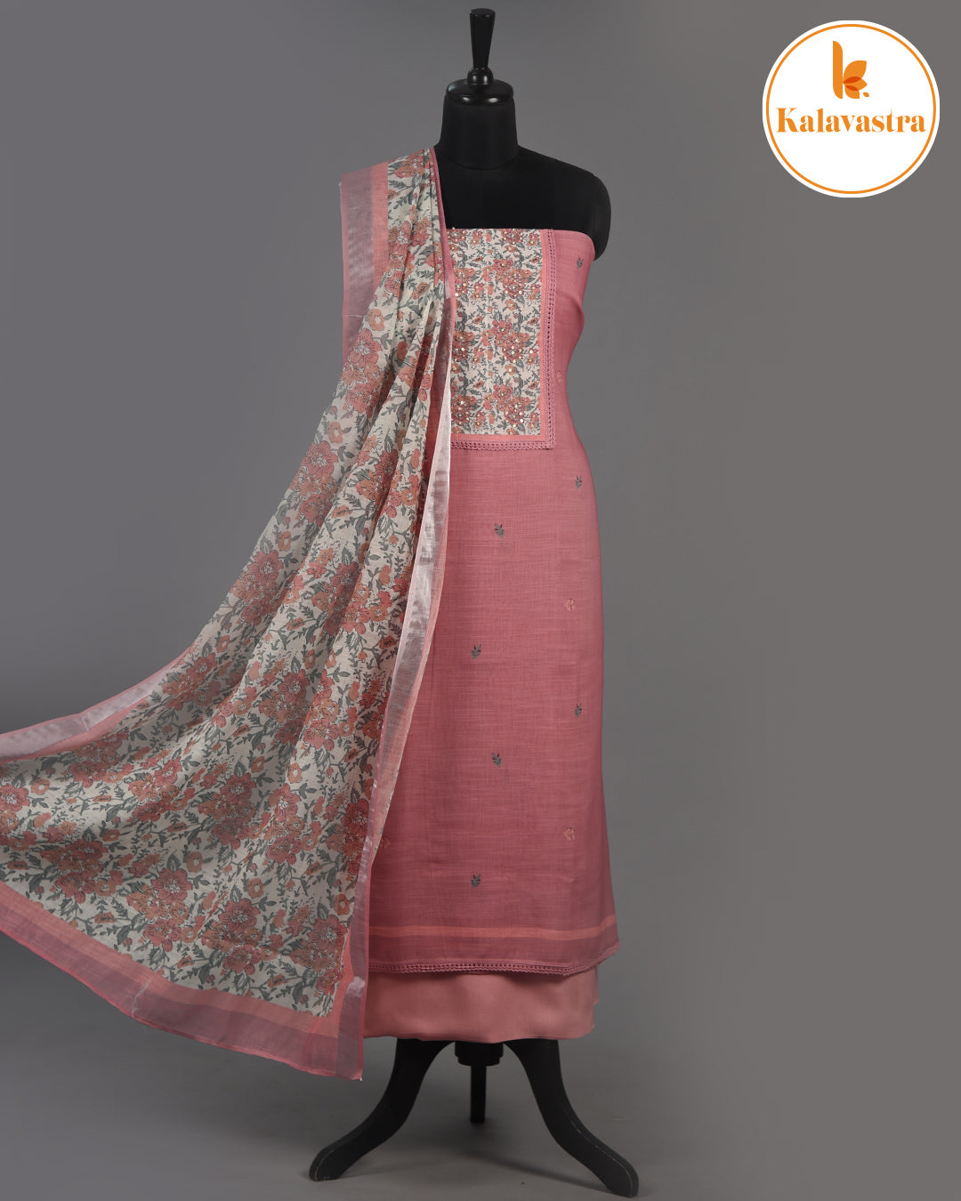 Pink - Linen Blend - Printed With Embroidery - Unstitched Suit Fabric With Linen Dupatta