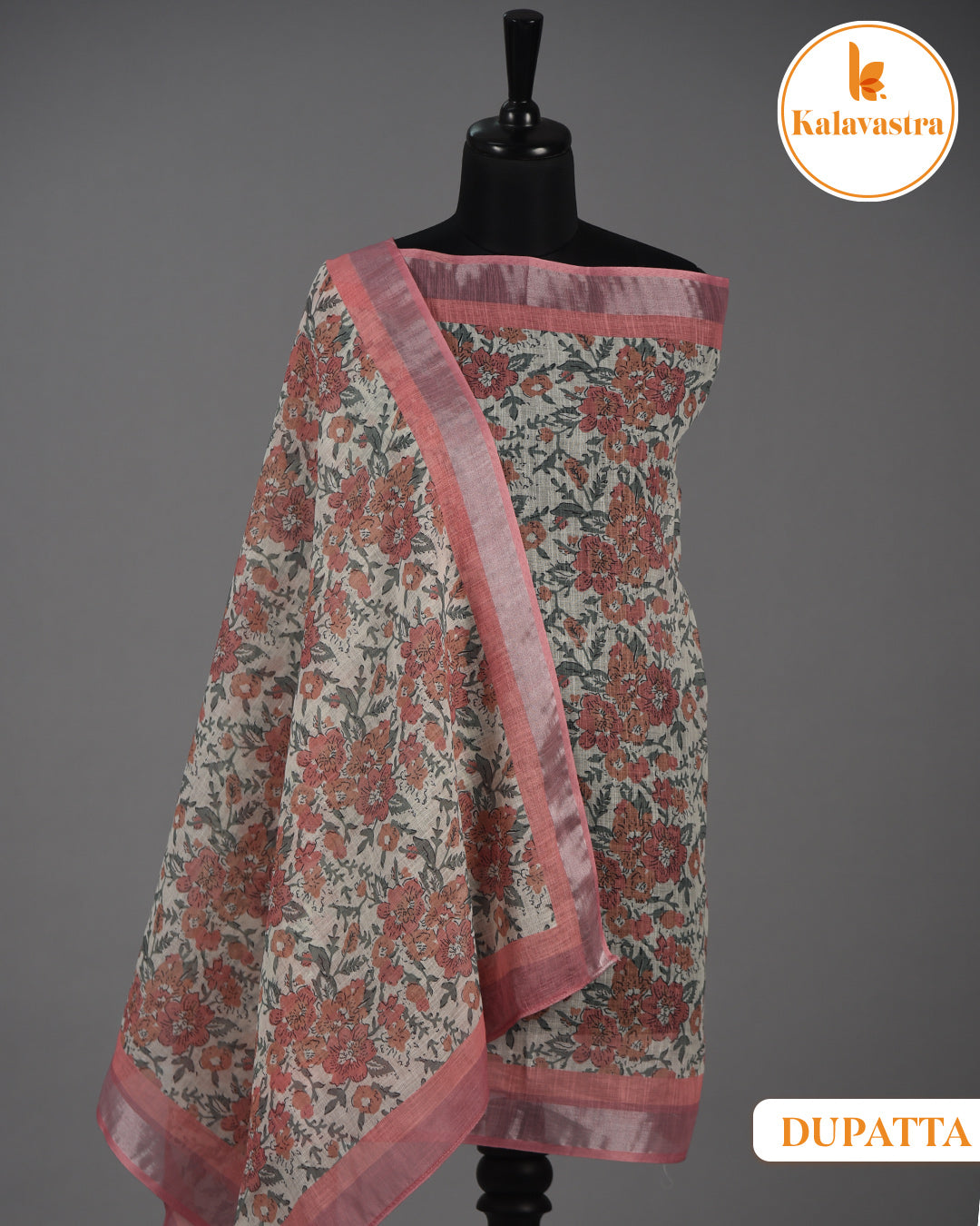 Pink - Linen Blend - Printed With Embroidery - Unstitched Suit Fabric With Linen Dupatta