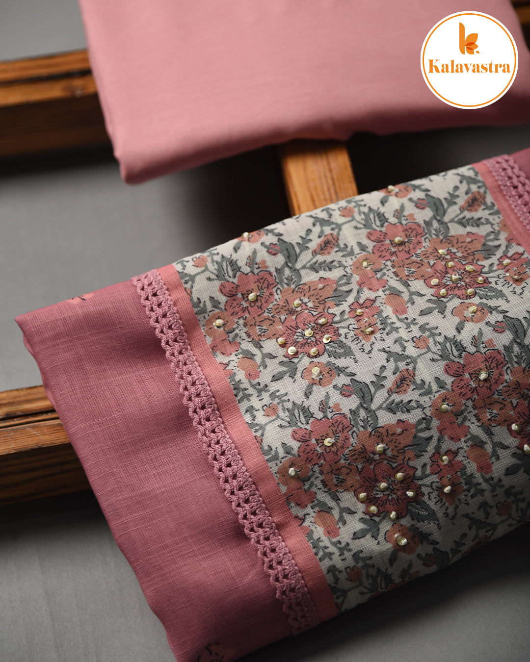 Pink - Linen Blend - Printed With Embroidery - Unstitched Suit Fabric With Linen Dupatta