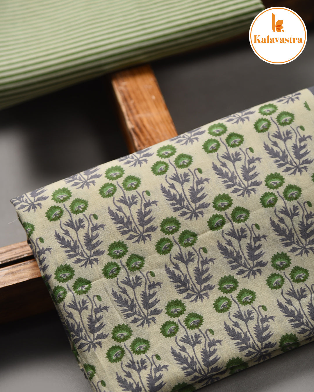 Cream With Green - Soft Cotton- Hand Block Printed - Unstitched Suit Fabric With Kota Dupatta