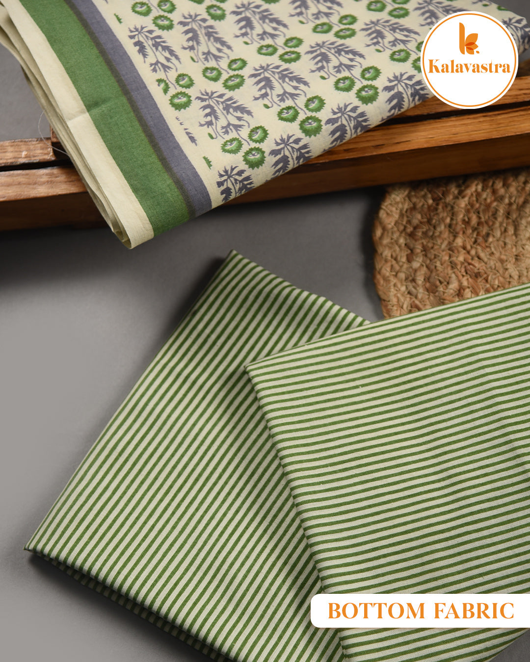 Cream With Green - Soft Cotton- Hand Block Printed - Unstitched Suit Fabric With Kota Dupatta