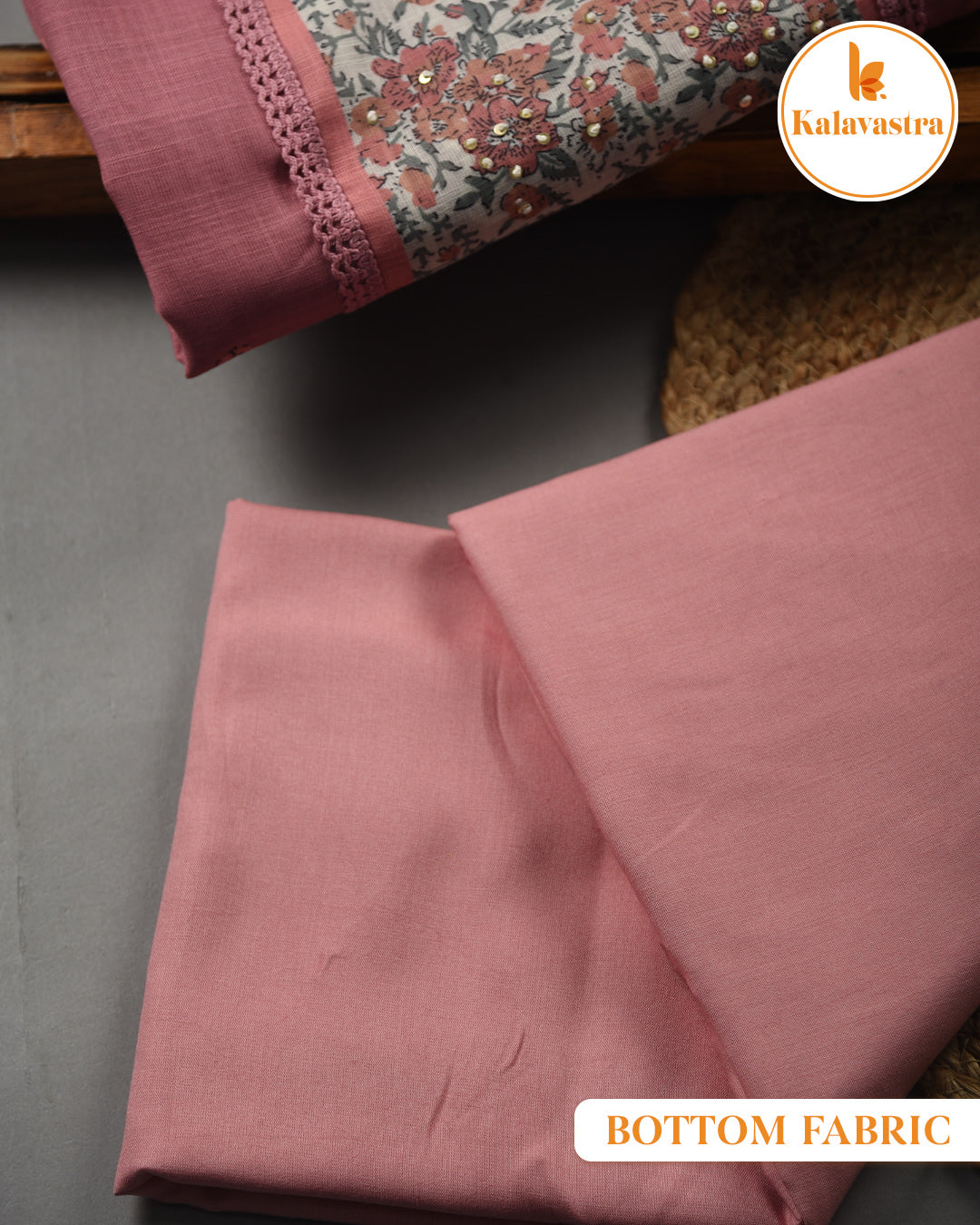 Pink - Linen Blend - Printed With Embroidery - Unstitched Suit Fabric With Linen Dupatta