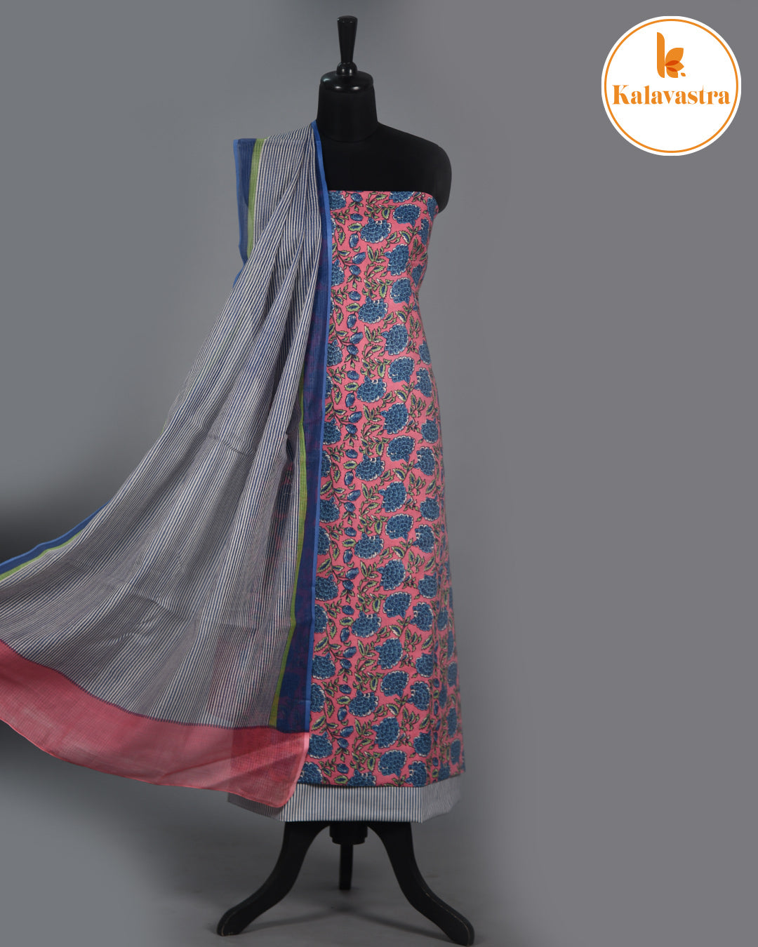 Pink With Blue - Soft Cotton- Hand Block Printed - Unstitched Suit Fabric With Kota Dupatta