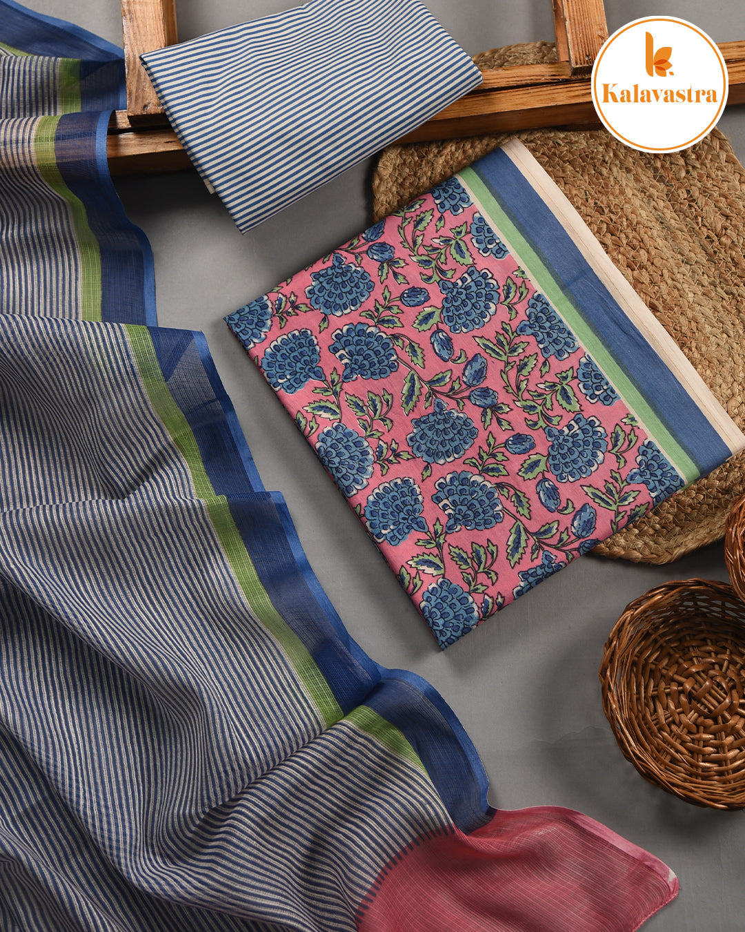 Pink With Blue - Soft Cotton- Hand Block Printed - Unstitched Suit Fabric With Kota Dupatta
