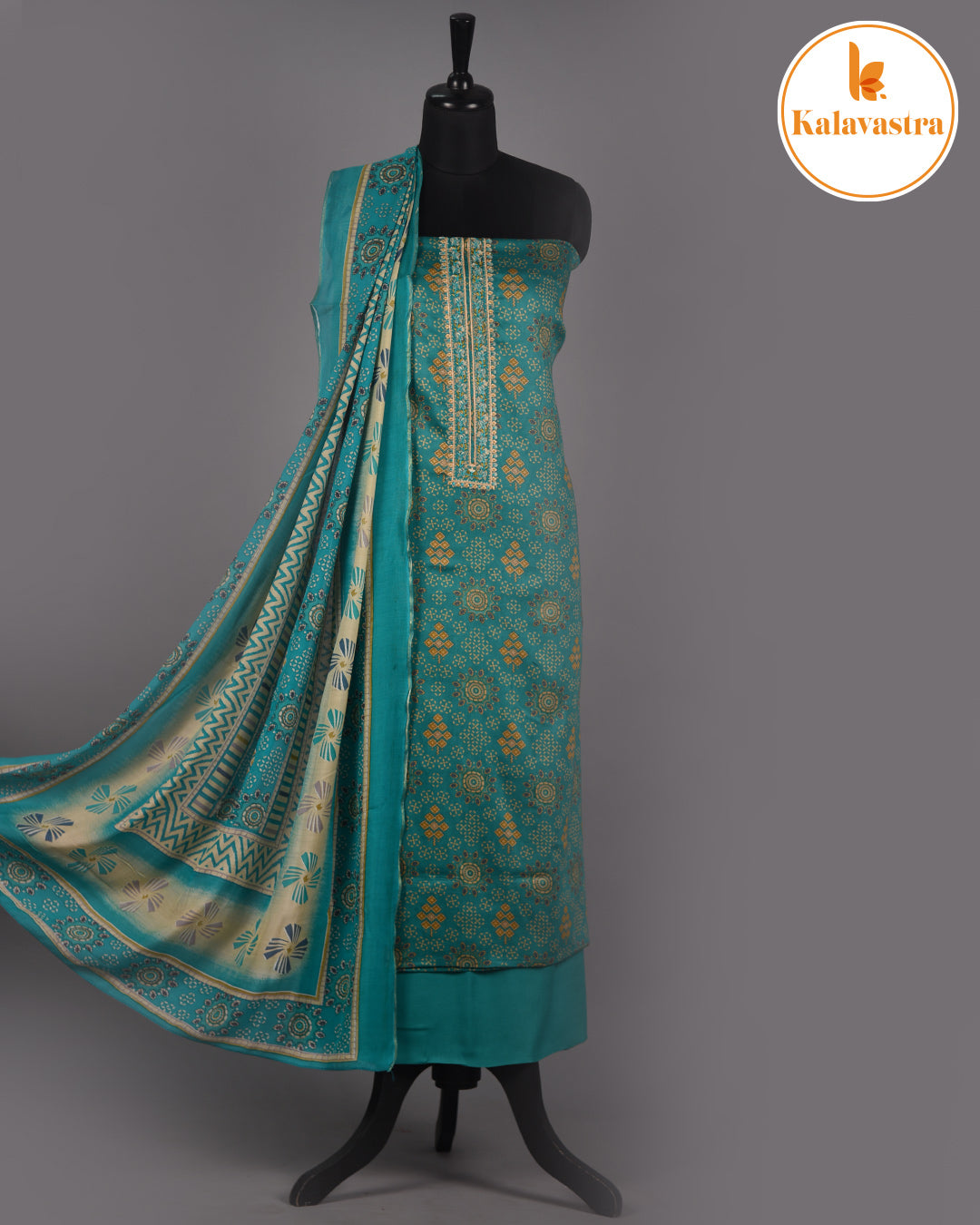 Green - Cotton Glazed - Printed With Embroidery - Unstitched Suit Fabric With Muslin Dupatta