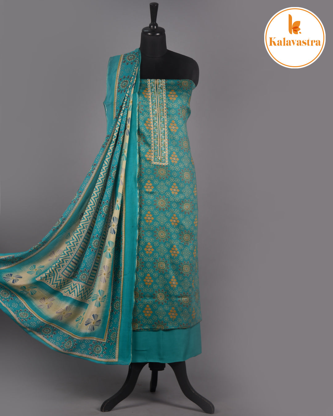 Green - Cotton Glazed - Printed With Embroidery - Unstitched Suit Fabric With Muslin Dupatta