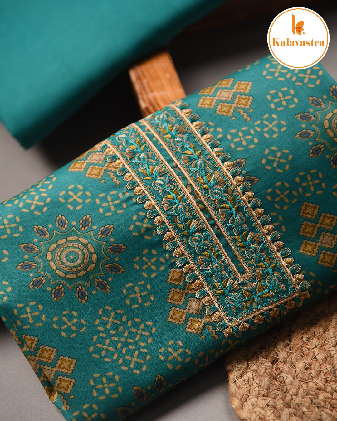 Green - Cotton Glazed - Printed With Embroidery - Unstitched Suit Fabric With Muslin Dupatta