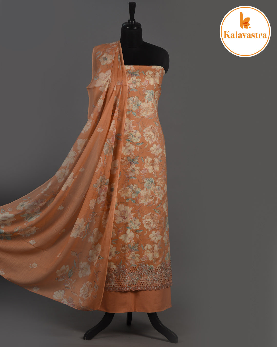 Peach - Cotton Glazed - Printed With Embroidery - Unstitched Suit Fabric With Cotton Dupatta