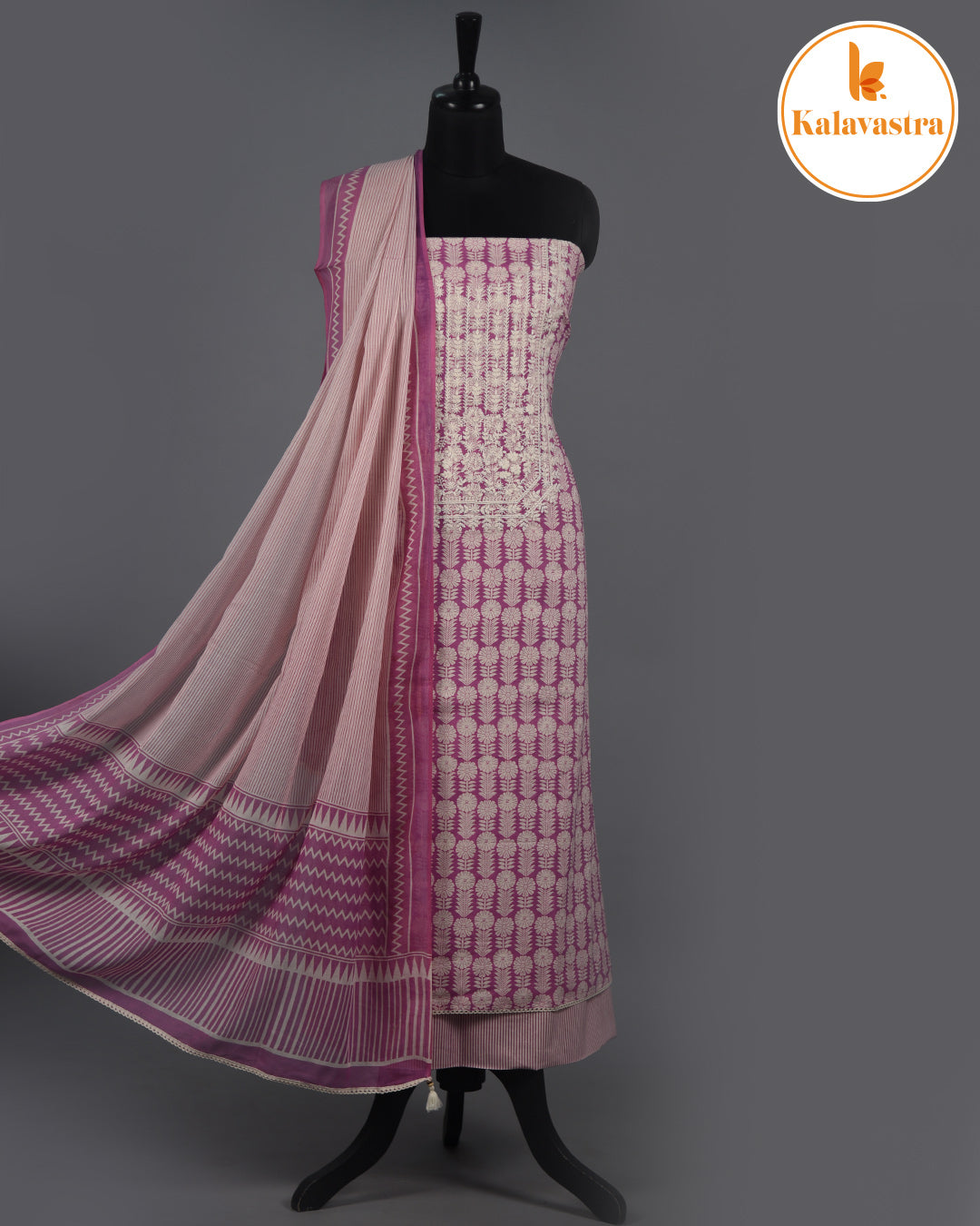 Purple- Pure Cotton - Hand Block Printed With Embroidery- Unstitched Suit Fabric With Cotton Dupatta
