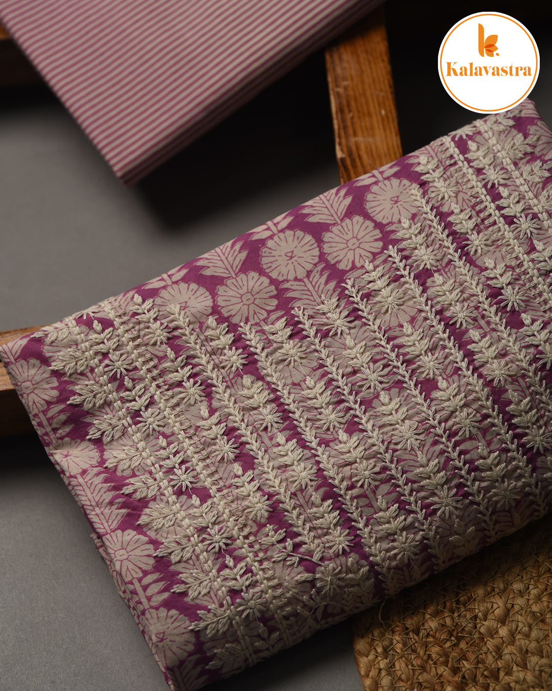 Purple- Pure Cotton - Hand Block Printed With Embroidery- Unstitched Suit Fabric With Cotton Dupatta