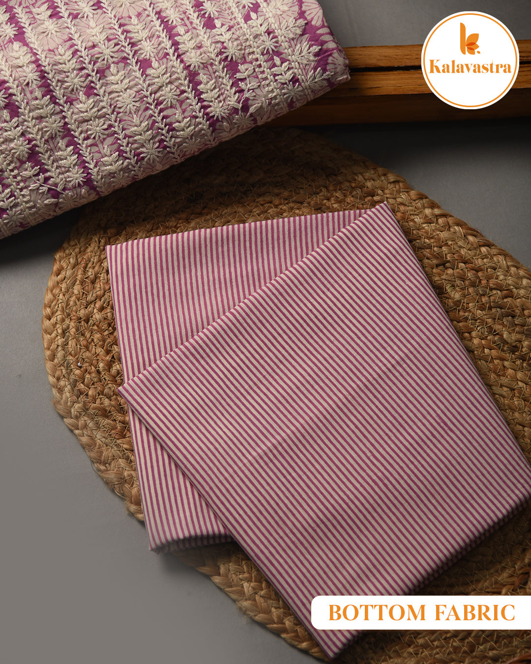 Purple- Pure Cotton - Hand Block Printed With Embroidery- Unstitched Suit Fabric With Cotton Dupatta
