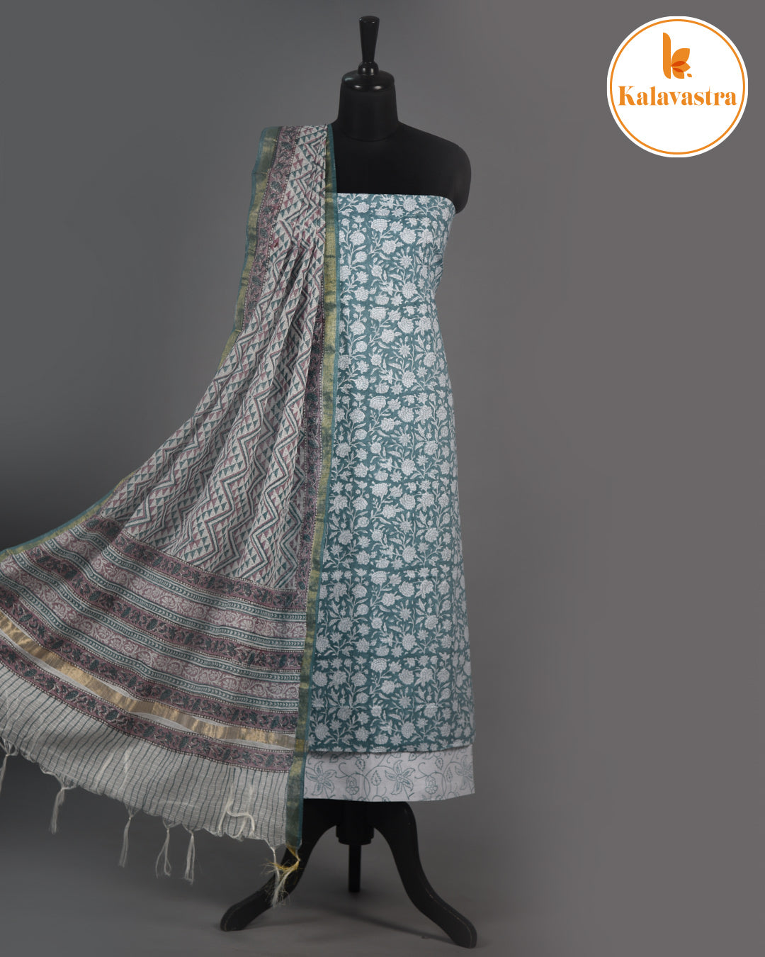 Light Teal Green - Pure Cotton- Hand Block Printed - Unstitched Suit Fabric With Kota Dupatta