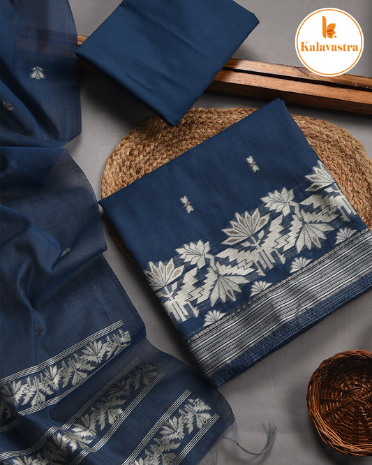 Blue - Chanderi - Jamdani Woven-Unstitched Suit Fabric With Chanderi Jamdani Woven Dupatta
