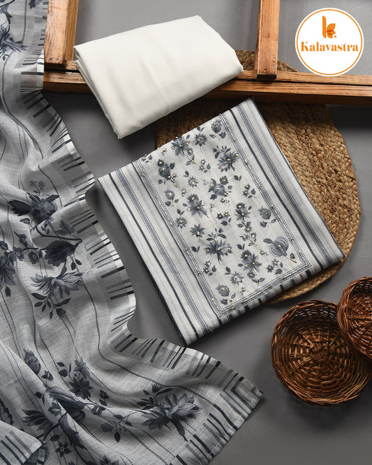 Off White With Green - Linen Blend - Printed With Embroidery Unstitched Suit Fabric With Linen Blend Dupatta