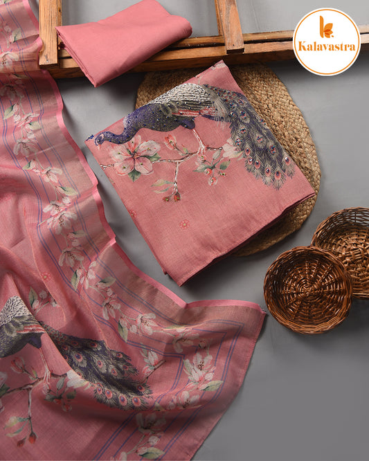 Pink - Linen Blend - Printed With Embroidery - Unstitched Suit Fabric With Linen Printed Dupatta