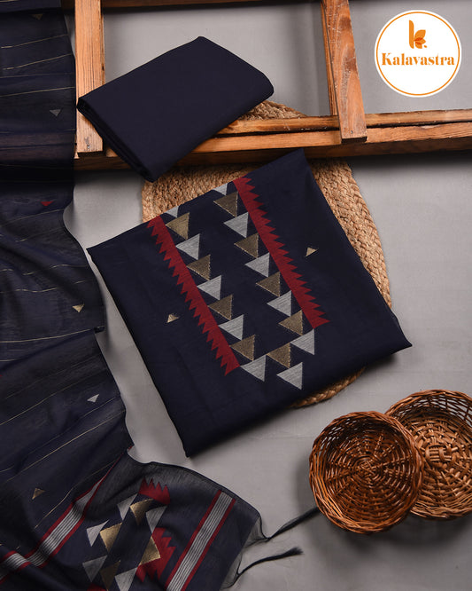 Blue-Chanderi- Jamdani Woven-Unstitched Suit Fabric With Chanderi Jamdani Woven Dupatta