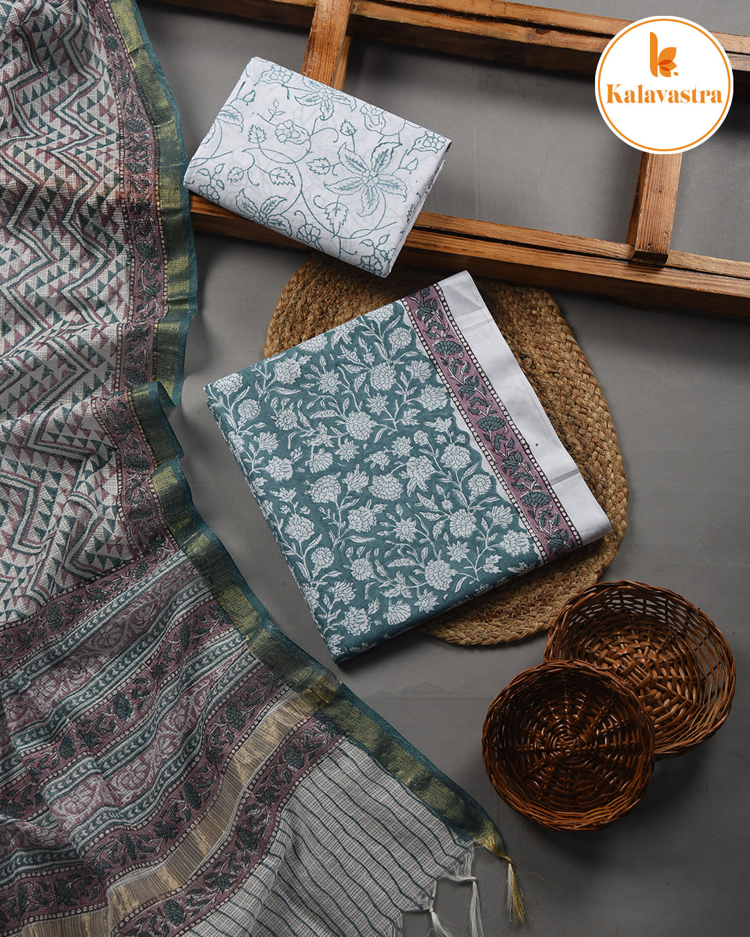 Light Teal Green - Pure Cotton- Hand Block Printed - Unstitched Suit Fabric With Kota Dupatta