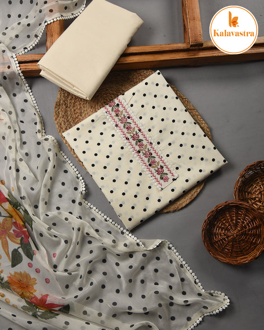 Cream - Cotton Glazed - Printed With Embroidery - Unstitched Suit Fabric With Chiffon Dupatta