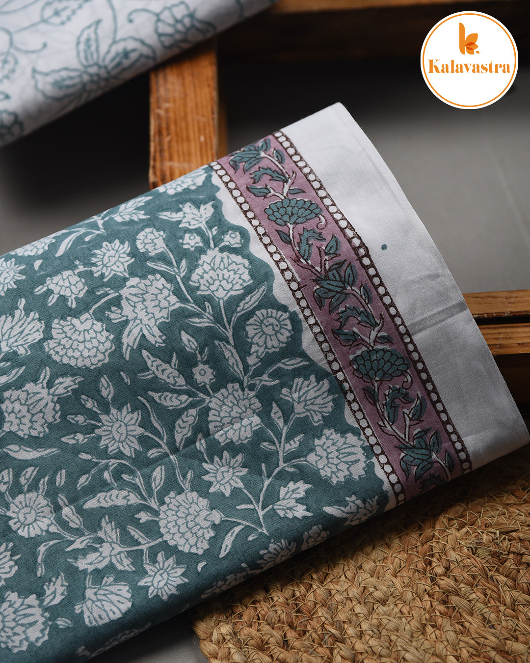 Light Teal Green - Pure Cotton- Hand Block Printed - Unstitched Suit Fabric With Kota Dupatta