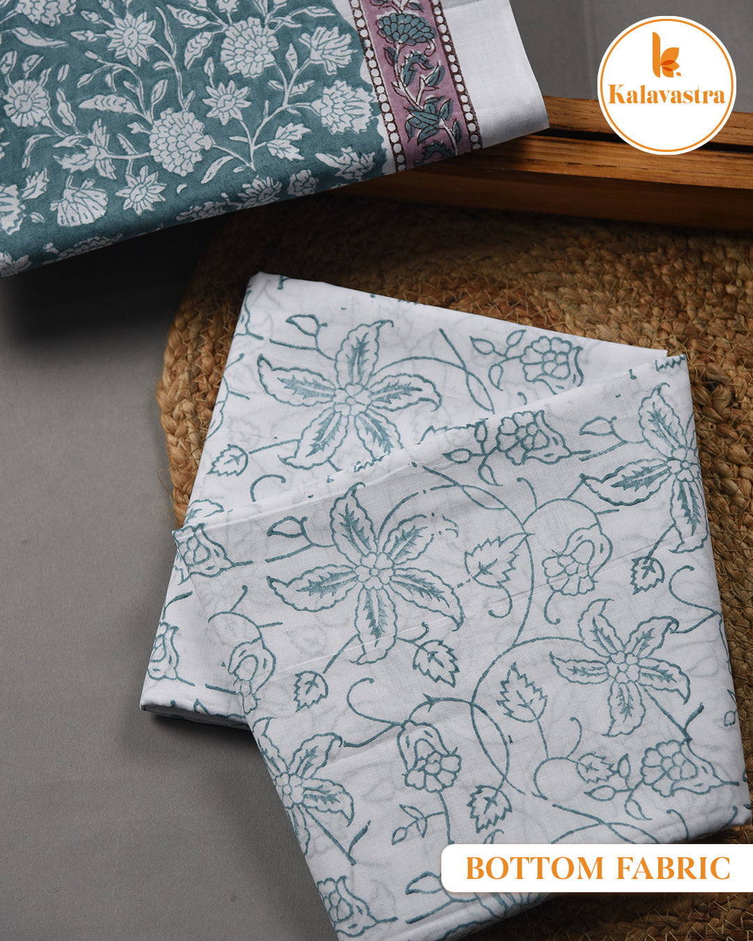 Light Teal Green - Pure Cotton- Hand Block Printed - Unstitched Suit Fabric With Kota Dupatta