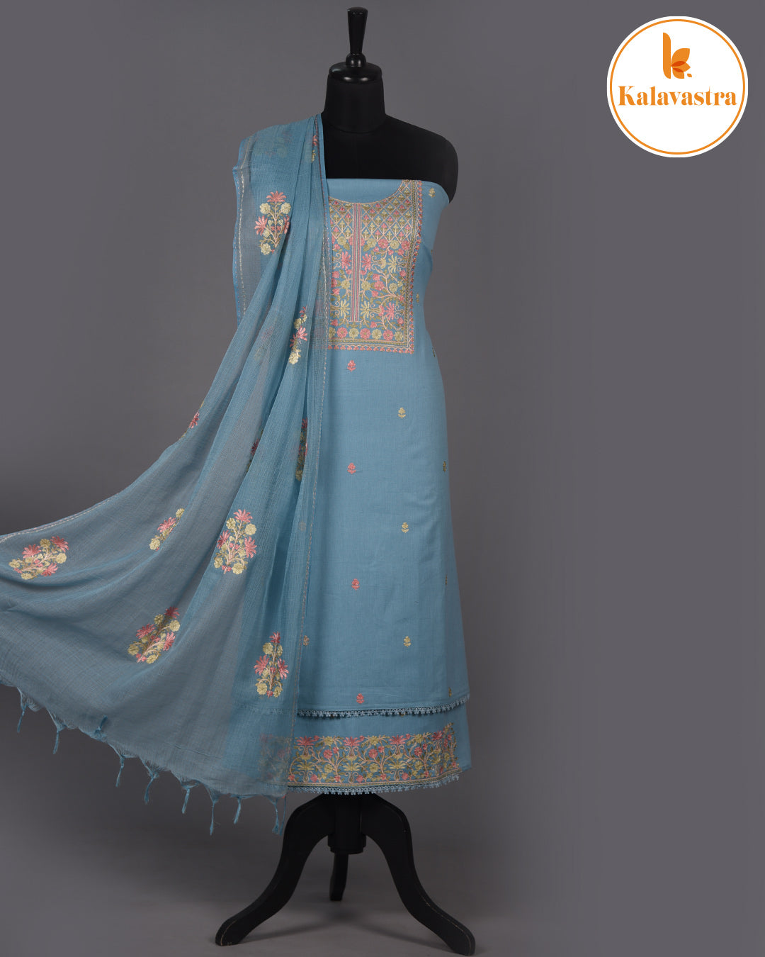 Light Blue - Cotton - Embroidered Unstitched Suit Fabric With Kota Embroidered Dupatta