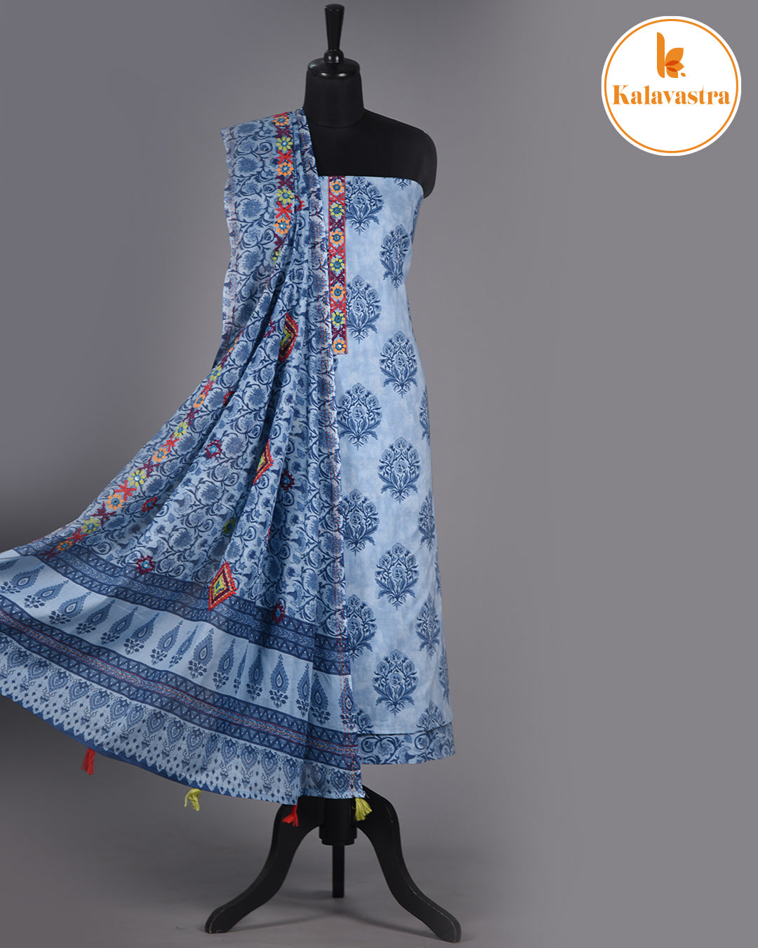 Blue - Pure Cotton - Hand Block Printed With Embroidery - Unstitched Suit Fabric With Cotton Dupatta