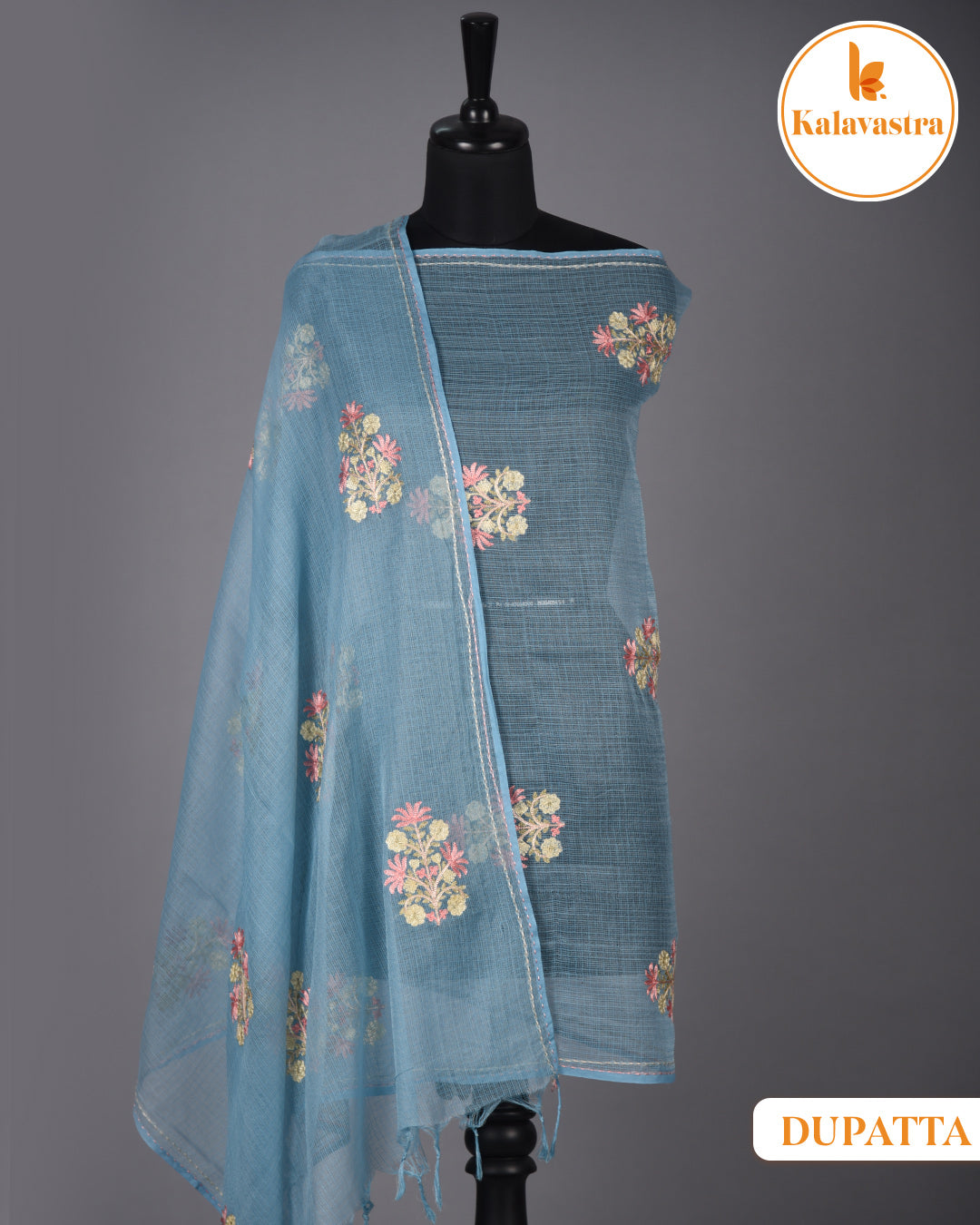 Light Blue - Cotton - Embroidered Unstitched Suit Fabric With Kota Embroidered Dupatta