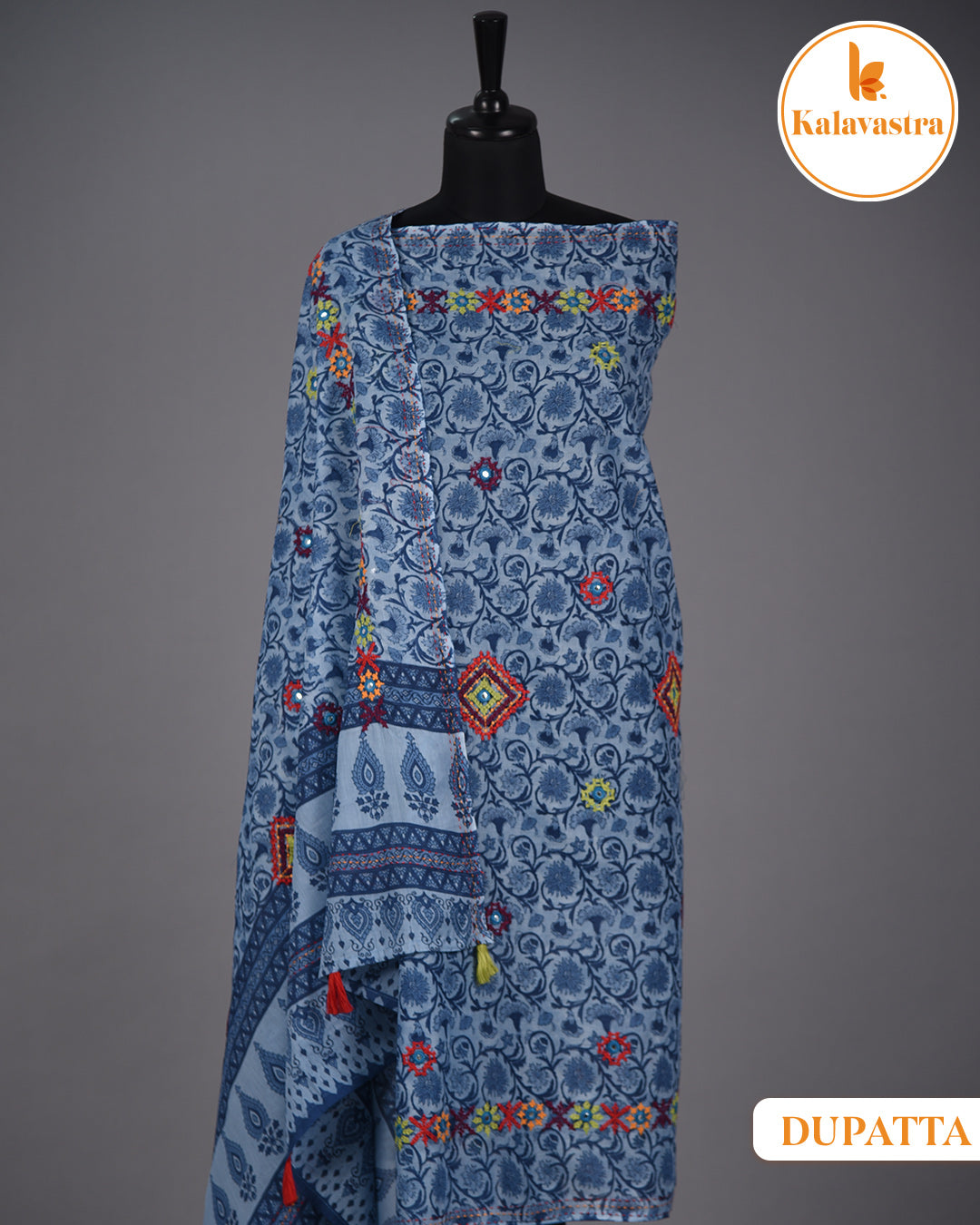 Blue - Pure Cotton - Hand Block Printed With Embroidery - Unstitched Suit Fabric With Cotton Dupatta