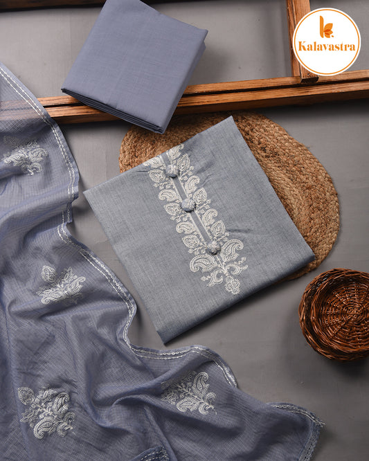 Bluish Gray - Cotton Slub - Embroidered Unstitched Suit Fabric With Kota Embroidered Dupatta
