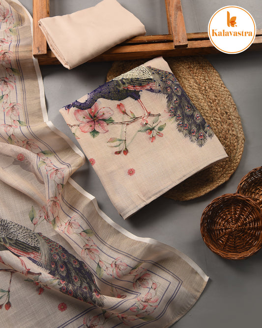 Beige - Linen Blend - Printed With Embroidery - Unstitched Suit Fabric With Linen Printed Dupatta