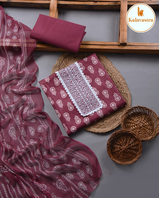Deep Pink - Cotton Glazed - Printed With Embroidery - Unstitched Suit Fabric With Chiffon Dupatta