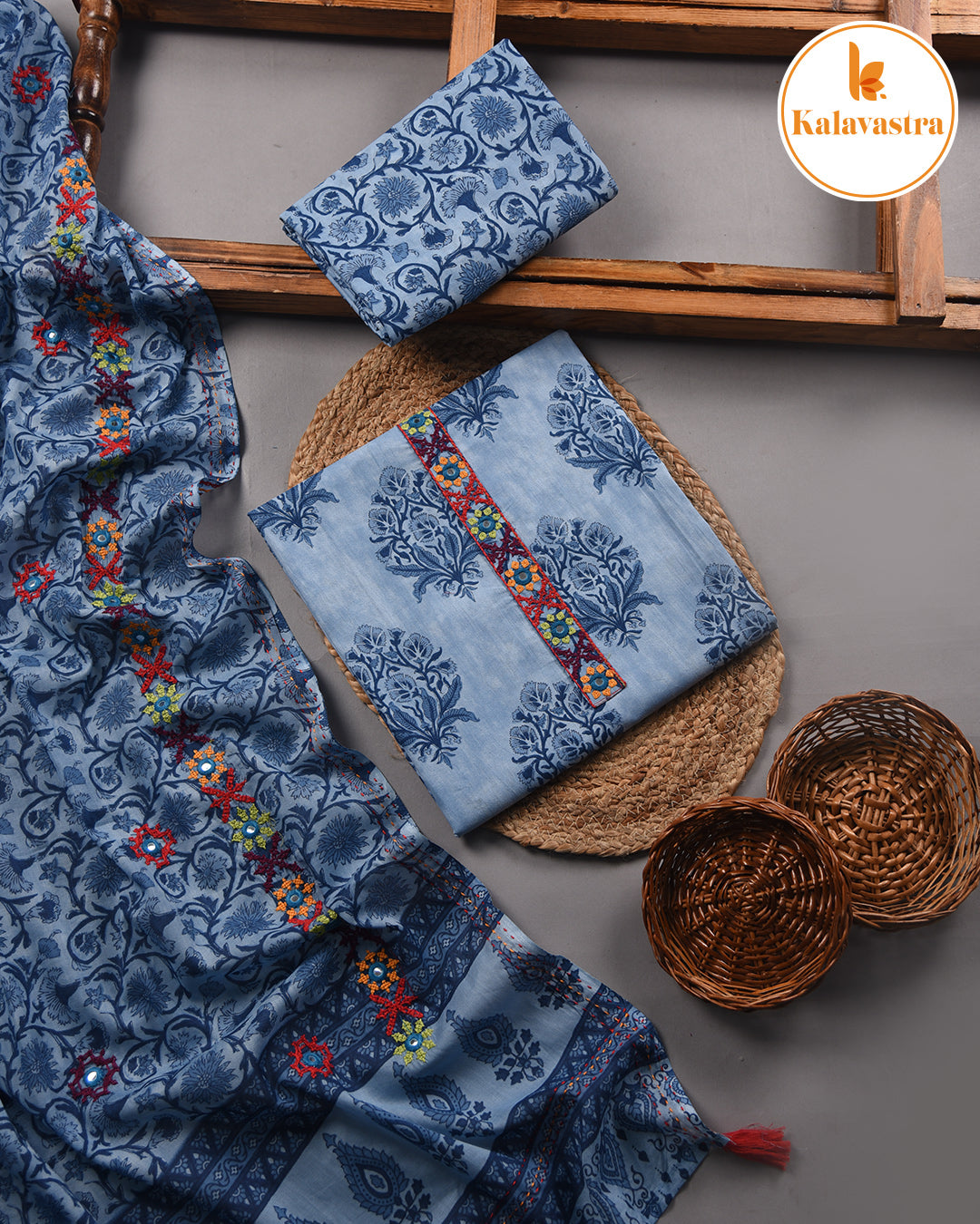 Blue - Pure Cotton - Hand Block Printed With Embroidery - Unstitched Suit Fabric With Cotton Dupatta