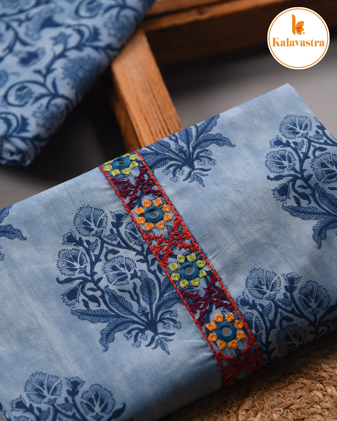 Blue - Pure Cotton - Hand Block Printed With Embroidery - Unstitched Suit Fabric With Cotton Dupatta