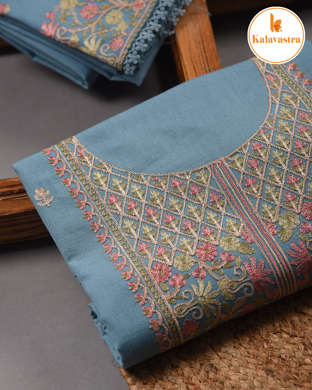 Light Blue - Cotton - Embroidered Unstitched Suit Fabric With Kota Embroidered Dupatta