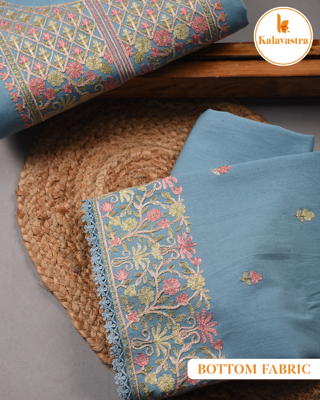 Light Blue - Cotton - Embroidered Unstitched Suit Fabric With Kota Embroidered Dupatta