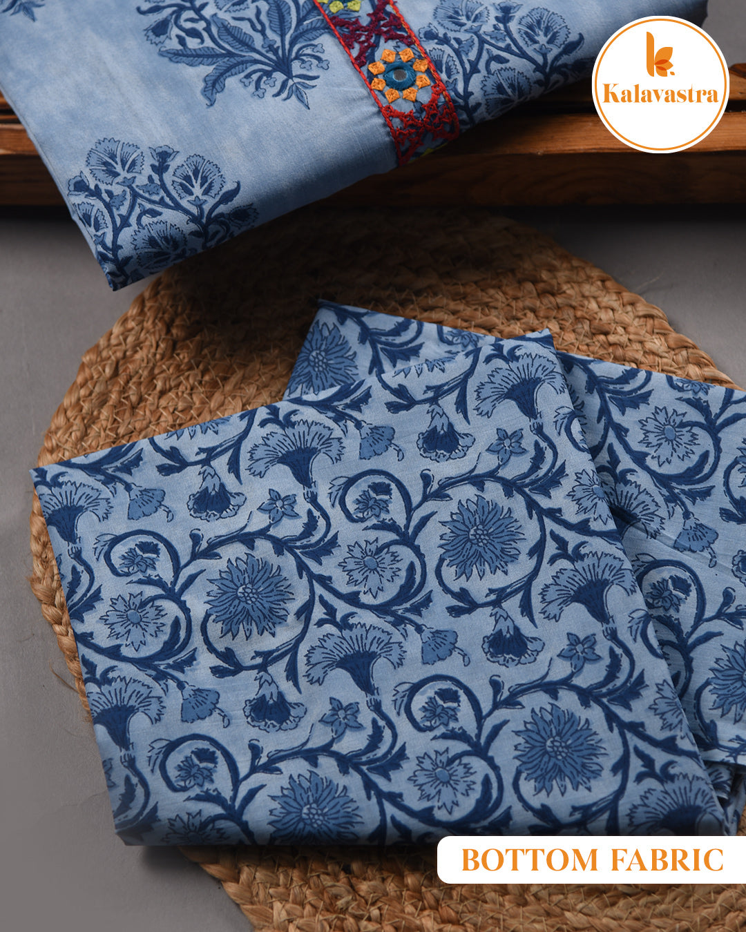 Blue - Pure Cotton - Hand Block Printed With Embroidery - Unstitched Suit Fabric With Cotton Dupatta