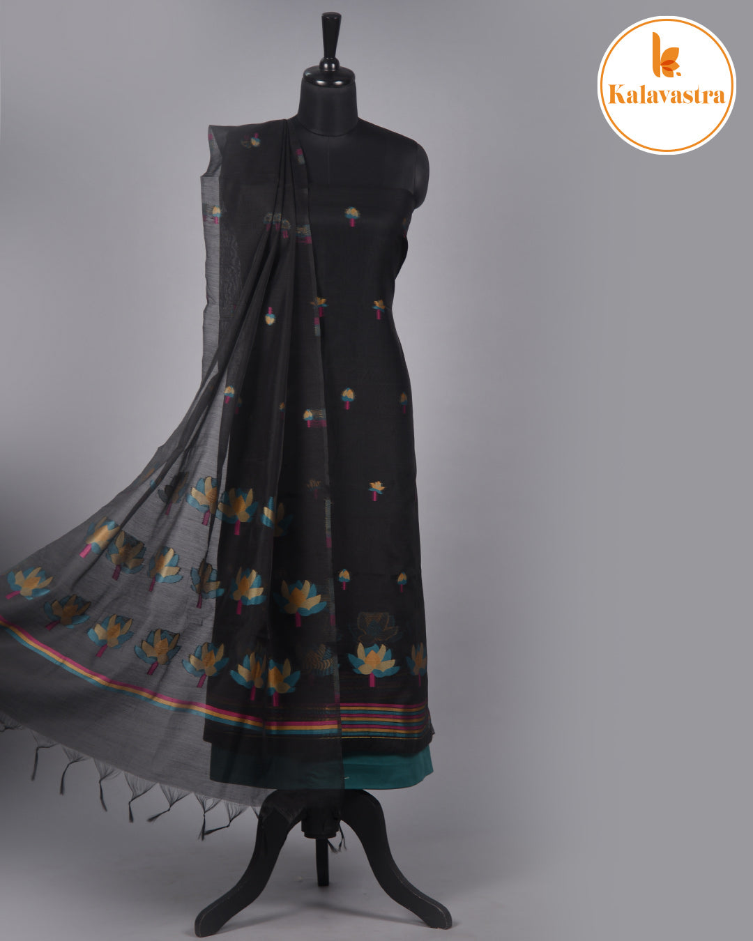 Black With Green-Chanderi-Jamdani Woven-Unstitched Suit Fabric With Chanderi Jamdani Woven Dupatta